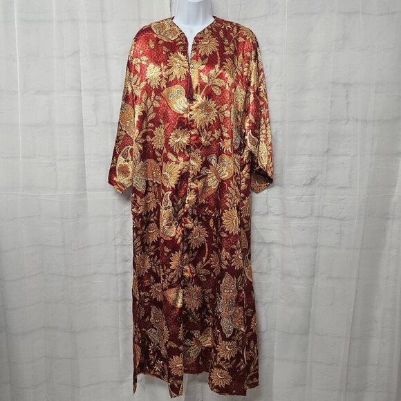 Vintage Sante Orange Floral Butterfly Kaftan Boho Maxi Dress Satin Lounge M - Picture 1 of 16
